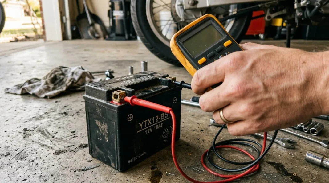 Test de batterie moto en atelier Mécanicien testant une batterie YTX12-BS avec multimètre
