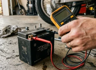 Tester batterie moto au voltmètre : le guide complet Mécanicien testant une batterie YTX12-BS avec multimètre