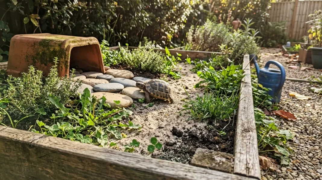 Tortue dans un jardin méditerranéen Tortue terrestre près d'un abri en terre cuite dans un jardin