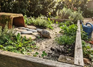 Enclos pour tortue de terre : aménagement extérieur Tortue terrestre près d'un abri en terre cuite dans un jardin