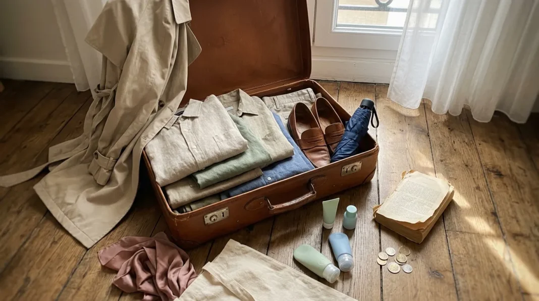 Valise vintage préparée pour voyage Valise brune ouverte avec vêtements, chaussures et articles de toilette