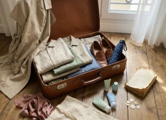 Valise Rome 5 jours printemps : checklist complète Valise brune ouverte avec vêtements, chaussures et articles de toilette