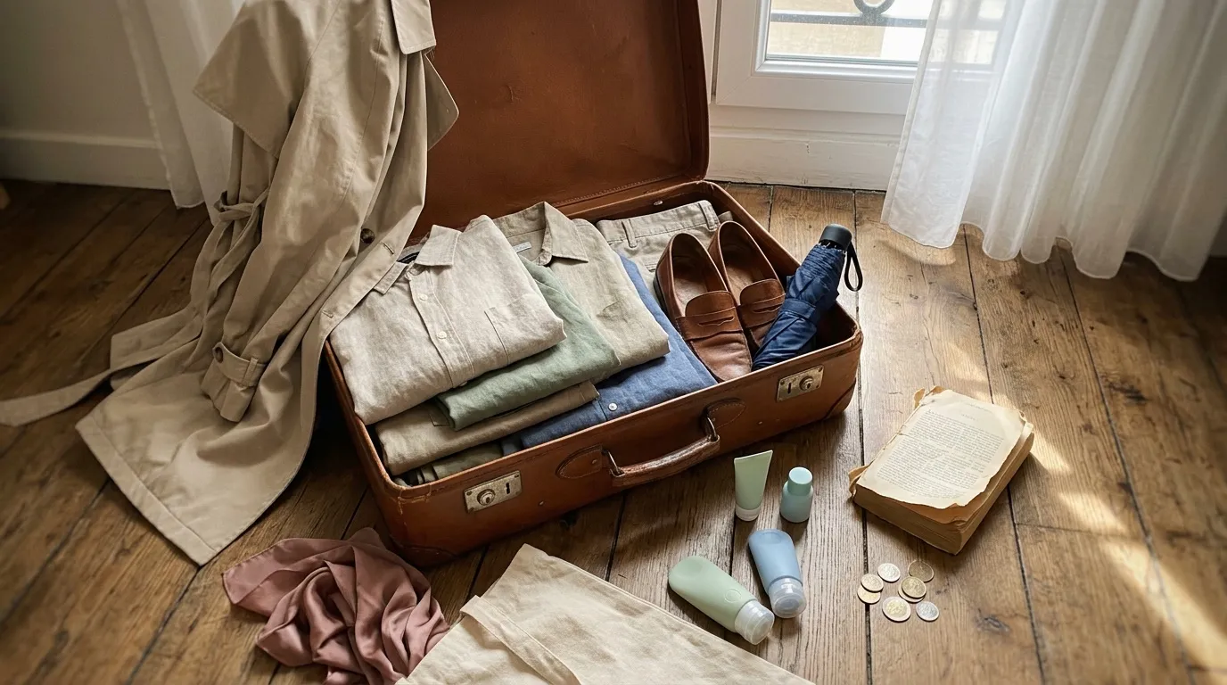 Valise Rome 5 jours printemps : checklist complète Valise brune ouverte avec vêtements, chaussures et articles de toilette