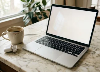Écrans haute définition : l’expérience Apple premium MacBook Pro ouvert sur bureau en marbre avec café et écouteurs