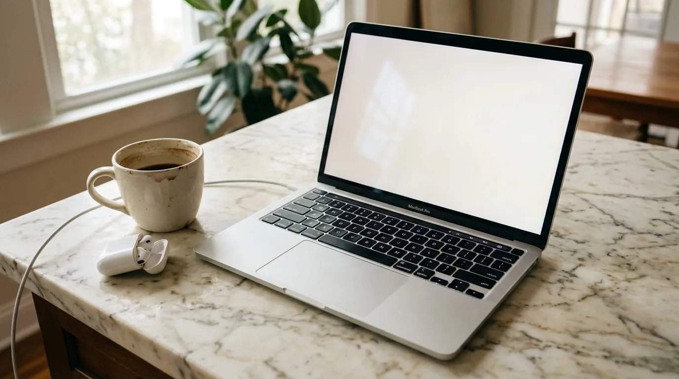 Écrans haute définition : l’expérience Apple premium MacBook Pro ouvert sur bureau en marbre avec café et écouteurs